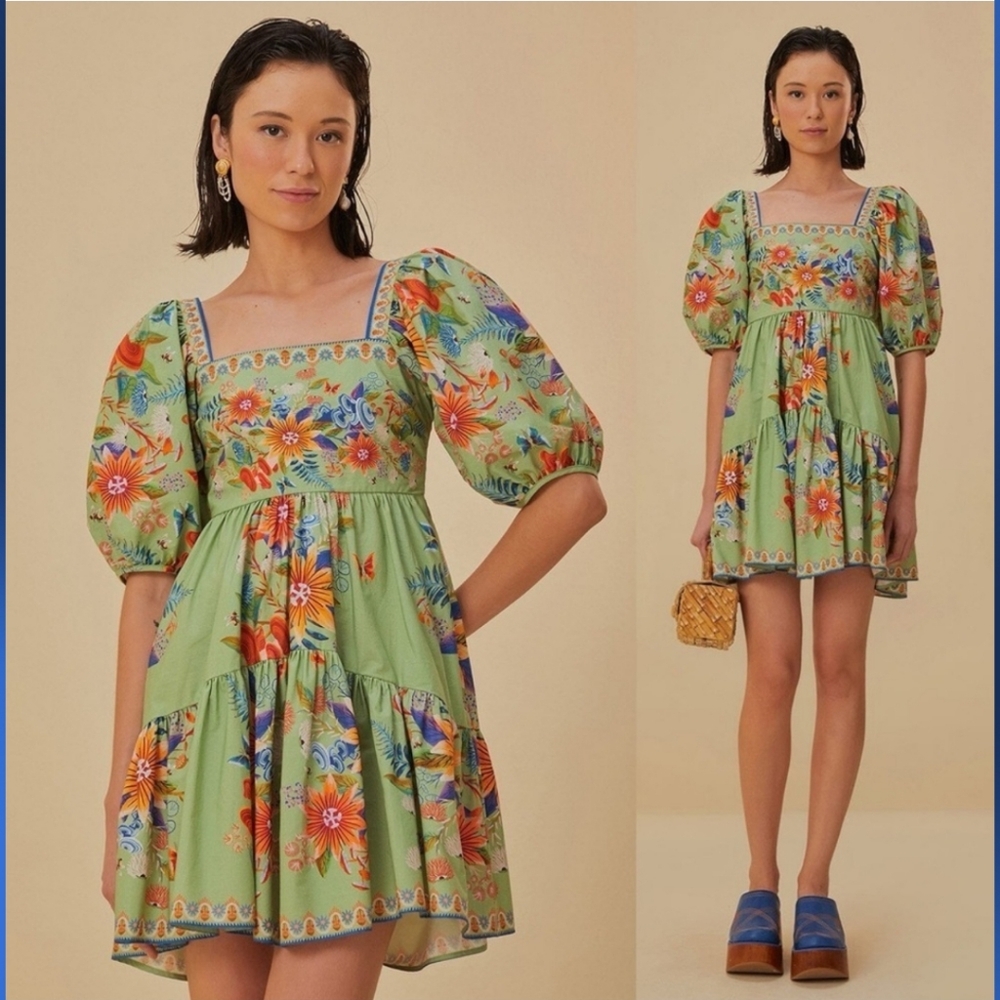 FARM Rio Green Floral Puff-Sleeve Mini Dress - Picture 2 of 16
